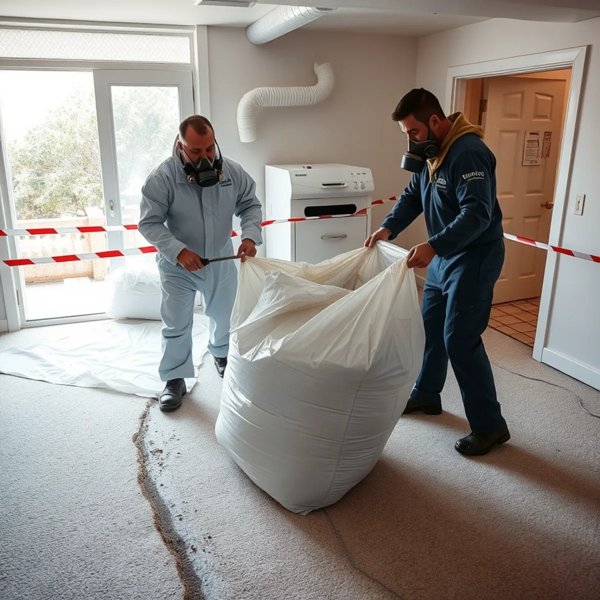 Crew in PPE bagging flood-soaked carpet and pad for disposal in Berkeley