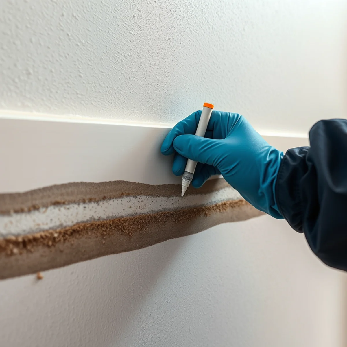 Storm water silt high-water line left on a baseboard in a flooded Berkeley home