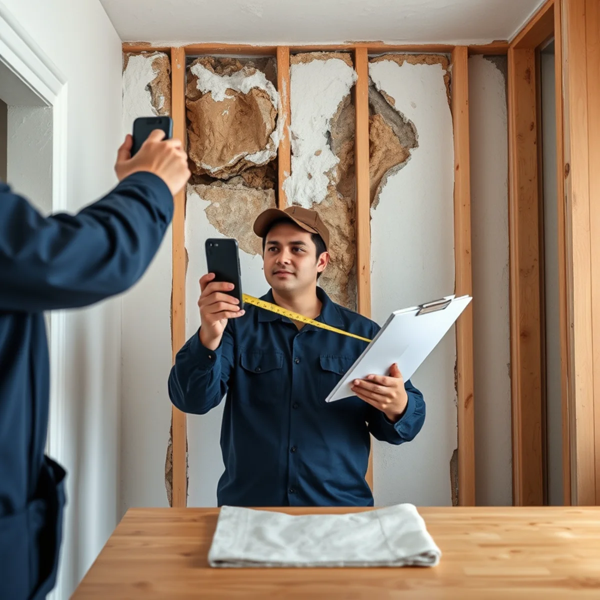 Technician photographing water damaged drywall to document an insurance claim in Berkeley