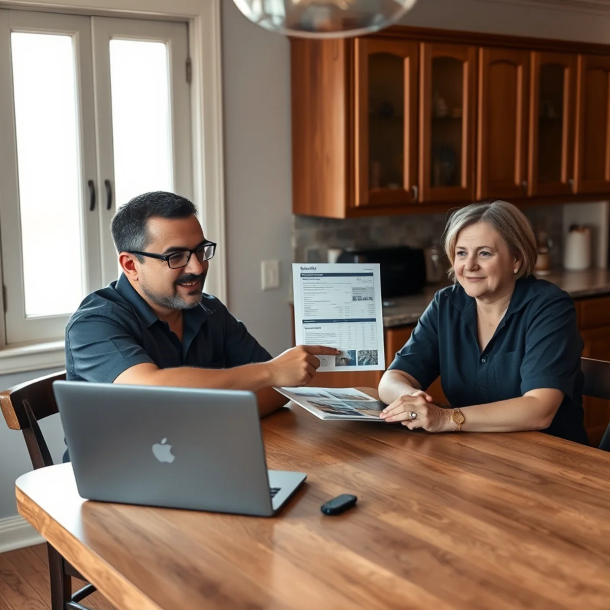 Restoration estimator reviewing a water damage insurance claim file with a Berkeley homeowner