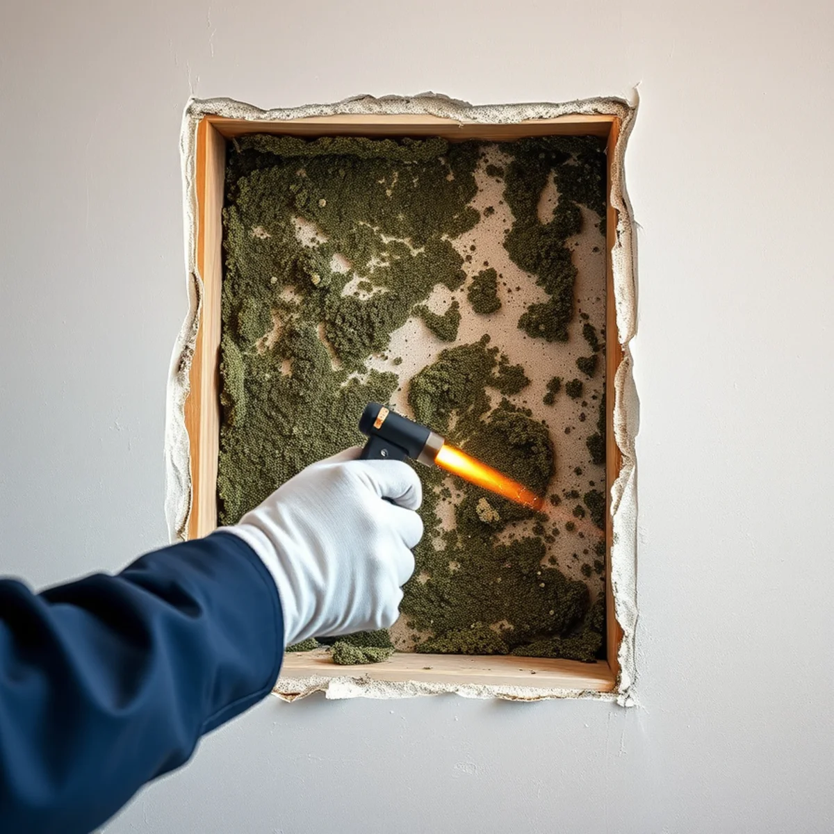 Mold growth revealed on studs inside an opened wall cavity in a Berkeley home