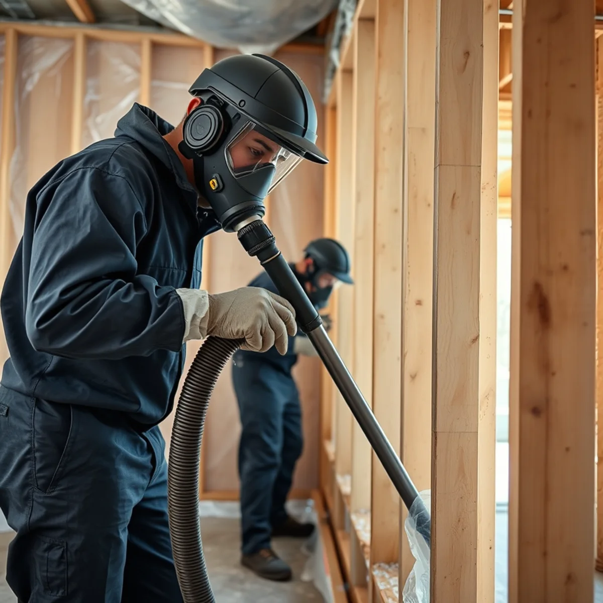 Technician HEPA vacuuming framing during mold remediation in a Berkeley home