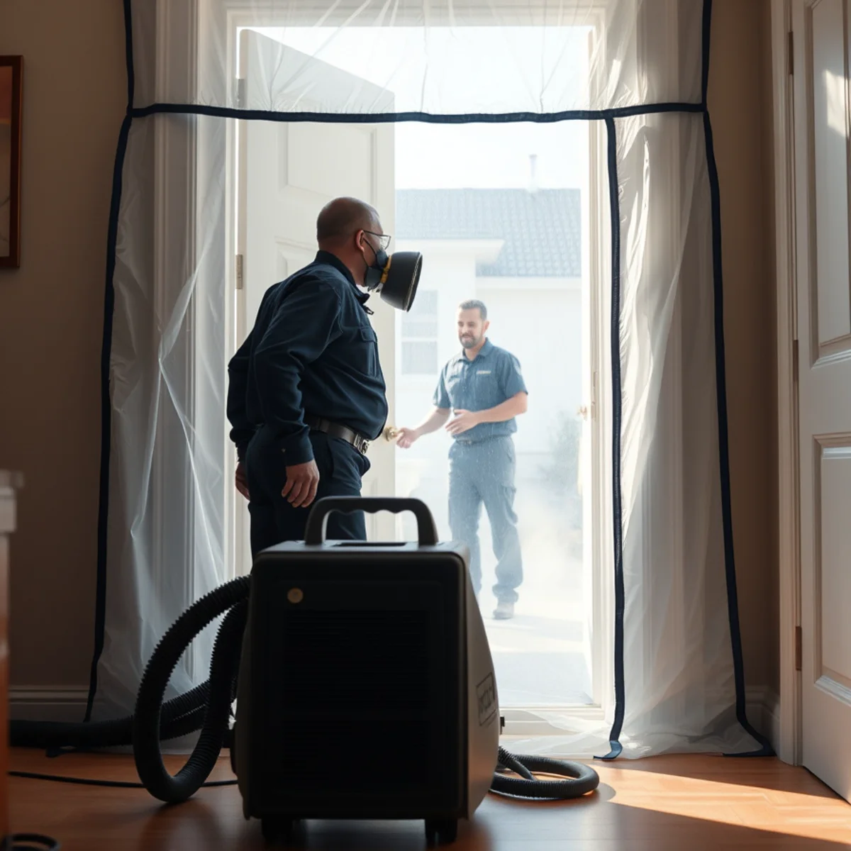 Mold remediation containment barrier and HEPA air scrubber set up inside a Berkeley home