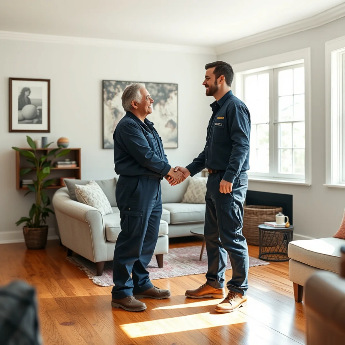 Berkeley homeowner shaking hands with a water damage restoration technician after completed work