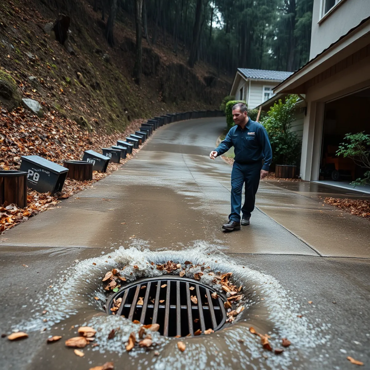 Canyon runoff concentrating at the bottom of a driveway in Claremont, Berkeley