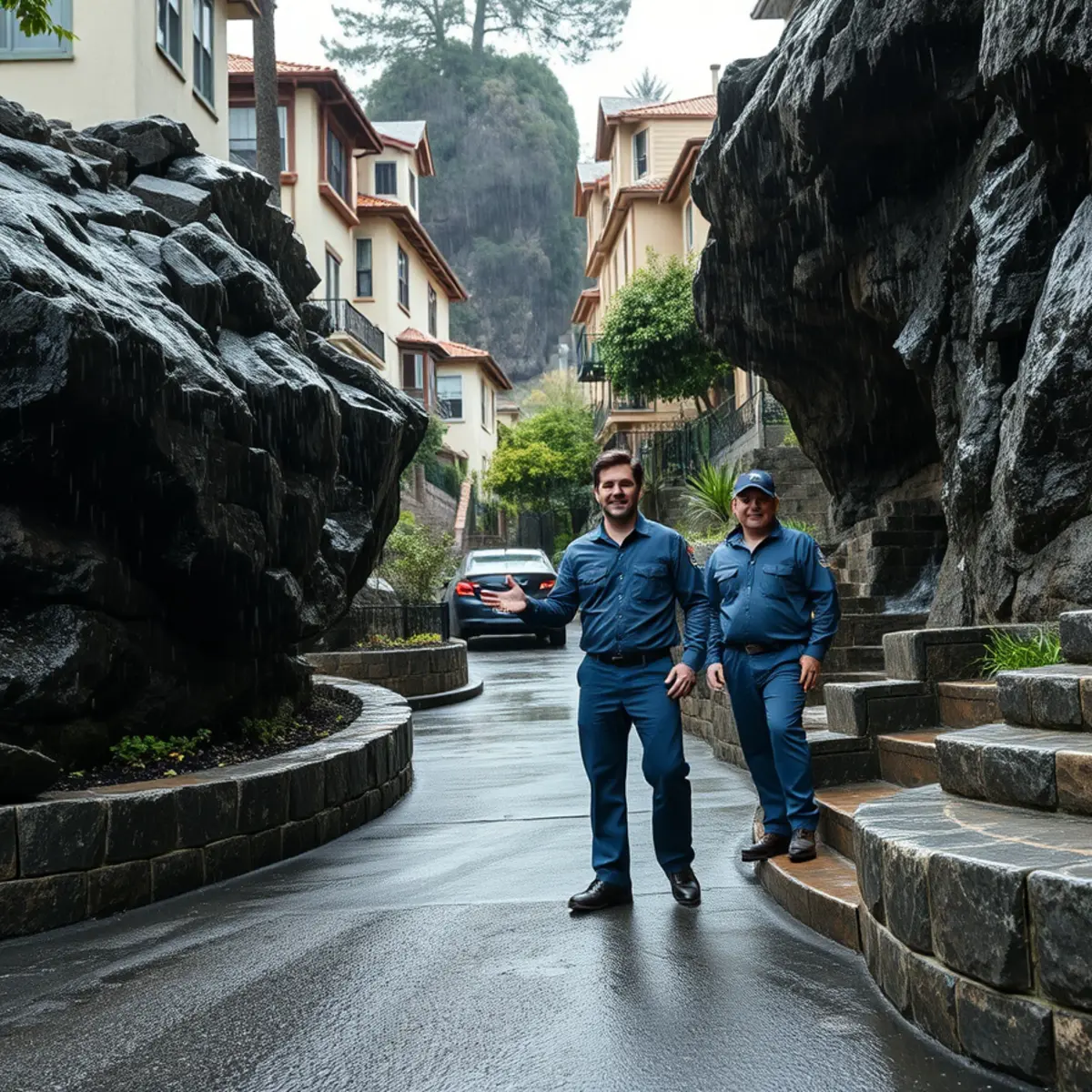 Homes built around volcanic rock outcrops on a steep Cragmont street in the Berkeley Hills
