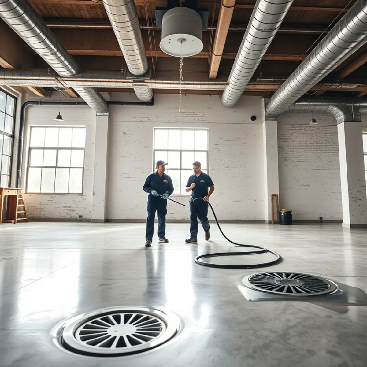 Restoration crew extracting water after a fire sprinkler discharge in an Emeryville loft