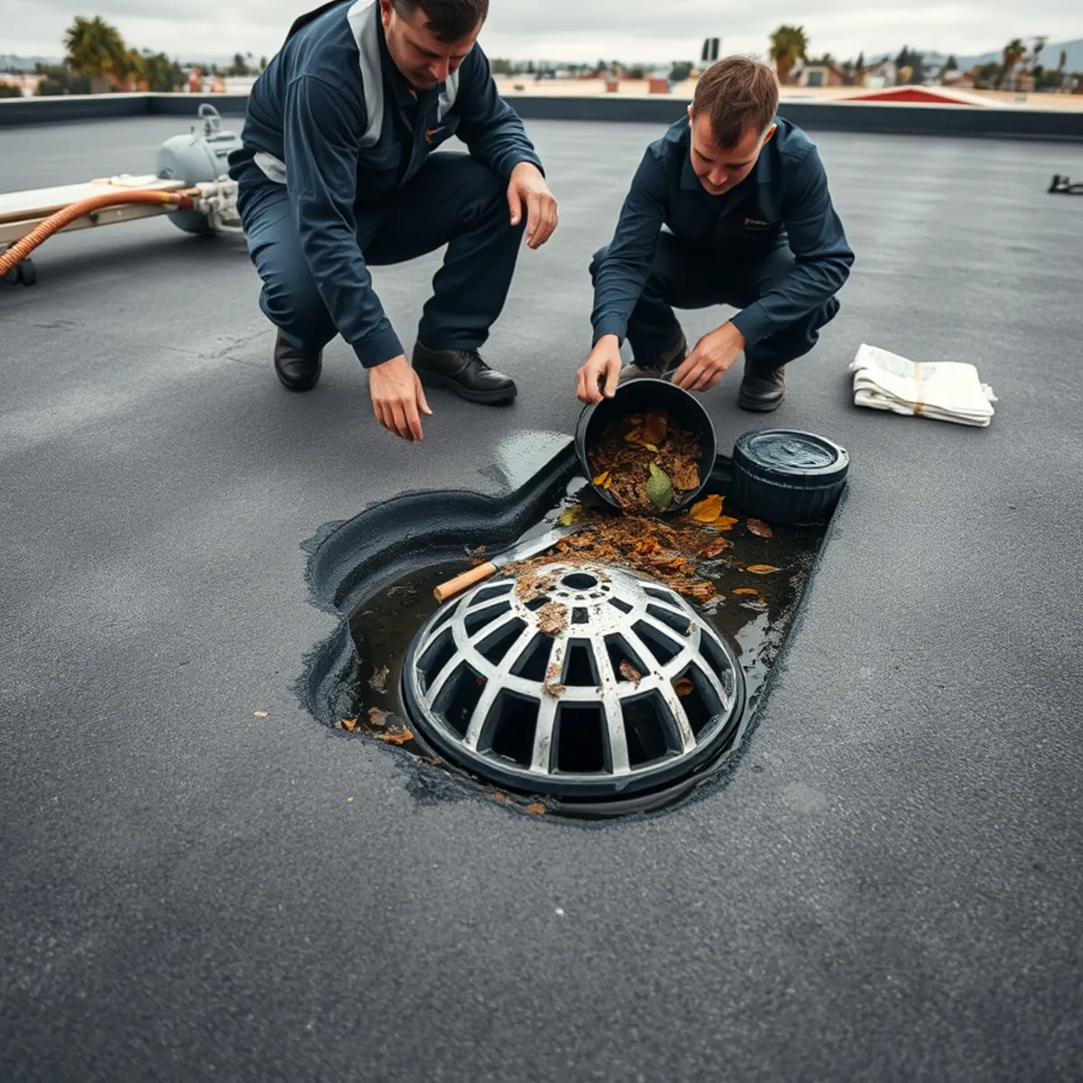 Ponded water around a blocked internal roof drain on a Gilman District warehouse in Berkeley