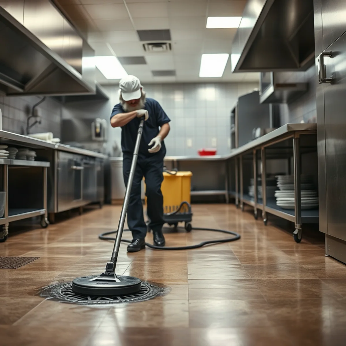Overnight extraction on a Berkeley restaurant kitchen floor after a drain backup