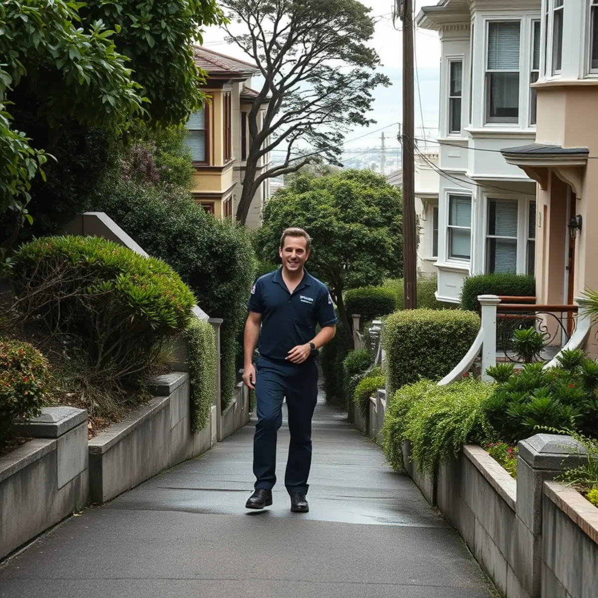 Hillside homes on a steep street in Kensington, CA where storm runoff causes water intrusion