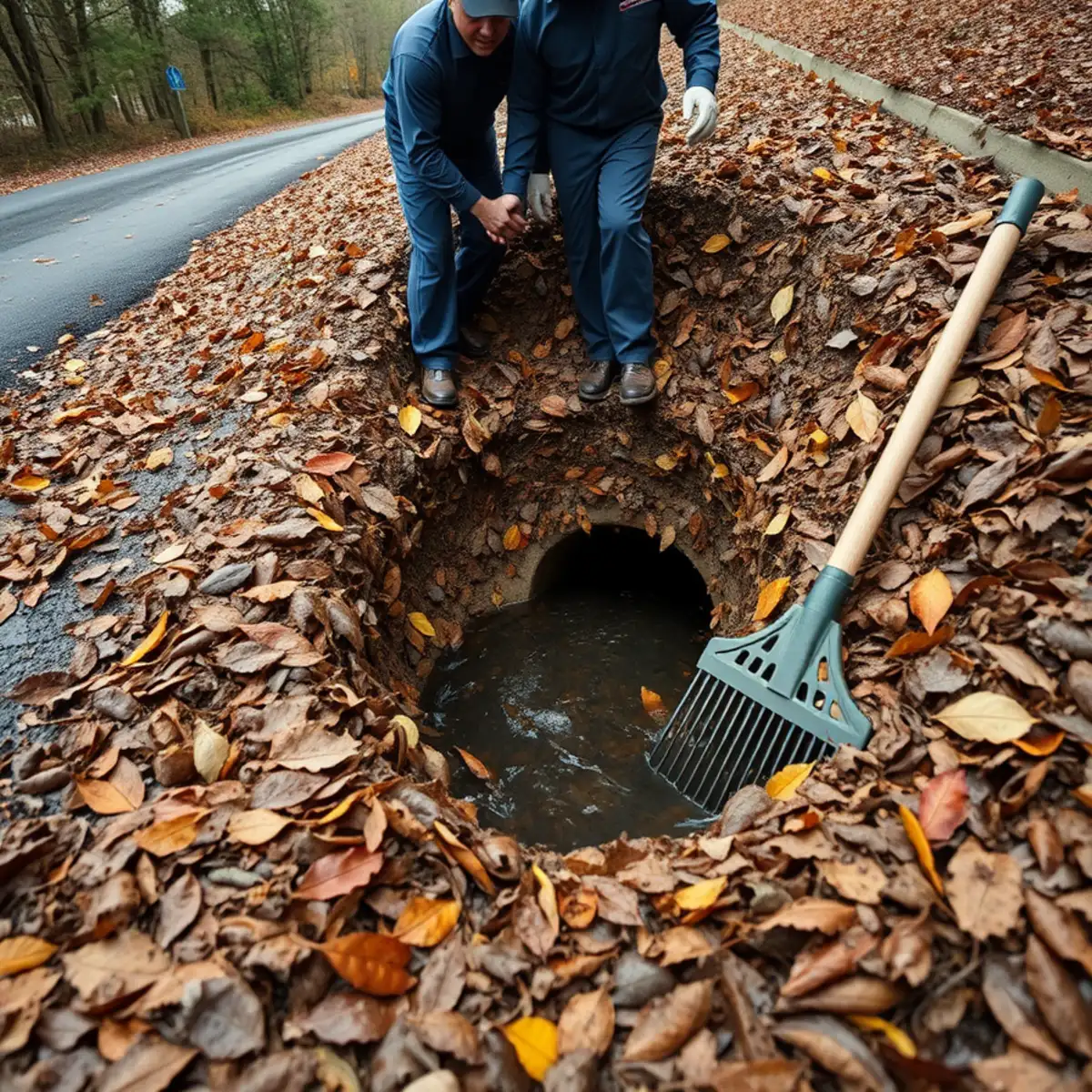 Leaf litter blocking a culvert inlet on a wooded Lafayette, CA hillside lot