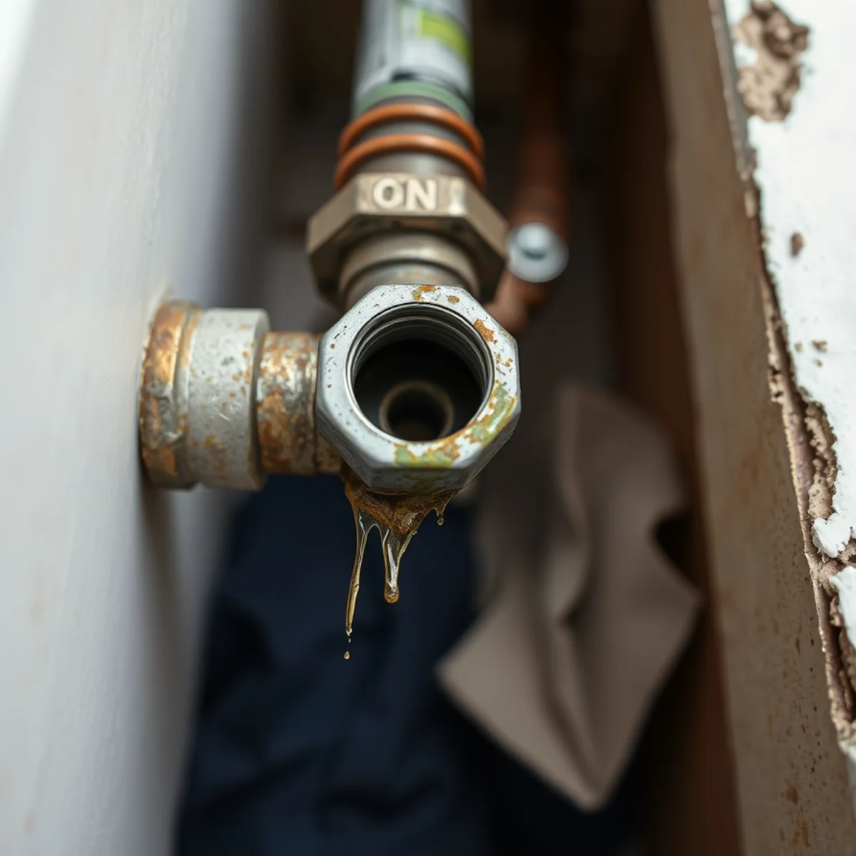 Corroding junction where copper meets galvanized pipe in a LeConte, Berkeley wall