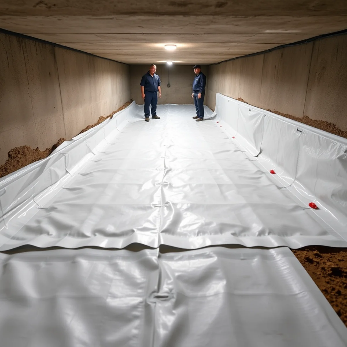 New vapor barrier laid over bare crawl space soil under a Northbrae, Berkeley home