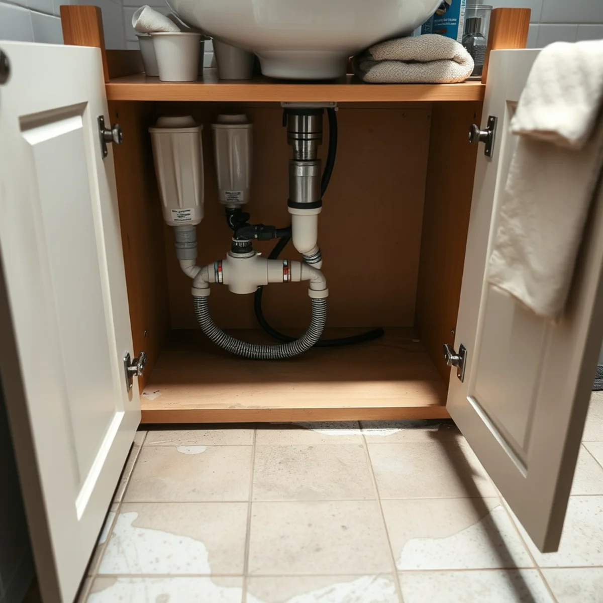 Failed supply line under a shared bathroom sink in a Berkeley Northside co-op house
