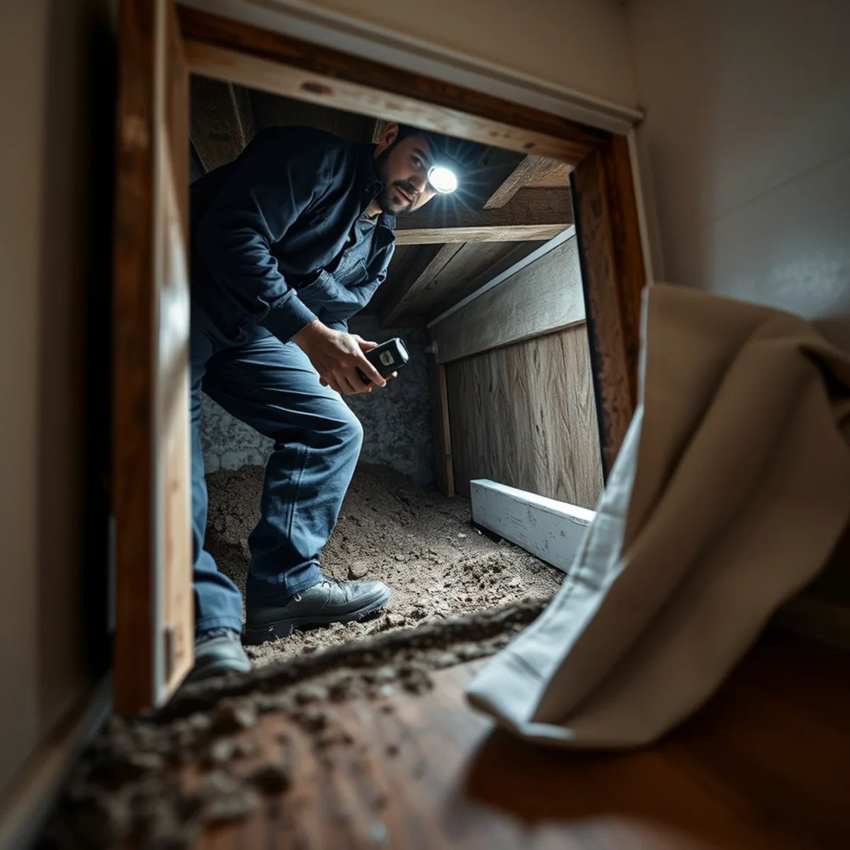 Technician inspecting the damp crawl space under a Rockridge Craftsman bungalow in Oakland