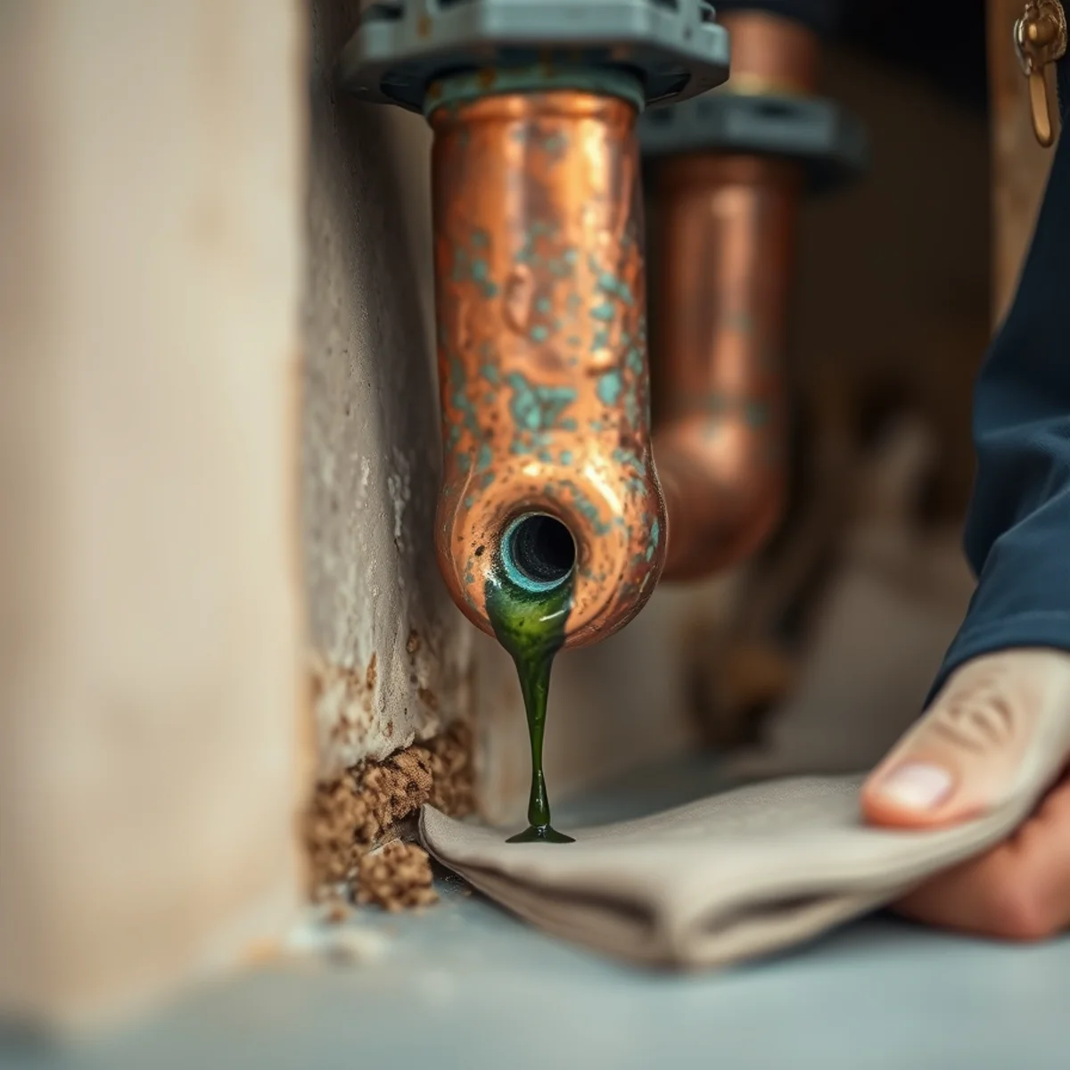 Pinhole leak in aged copper supply pipe found inside an Orinda, CA wall