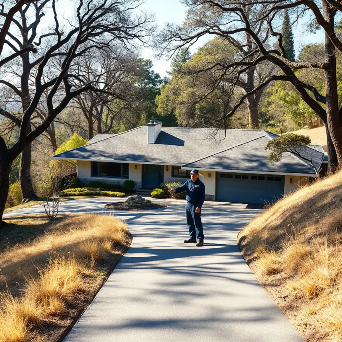 Mid-century home on a wooded hillside lot in Orinda, CA where creek flooding and runoff cause water damage