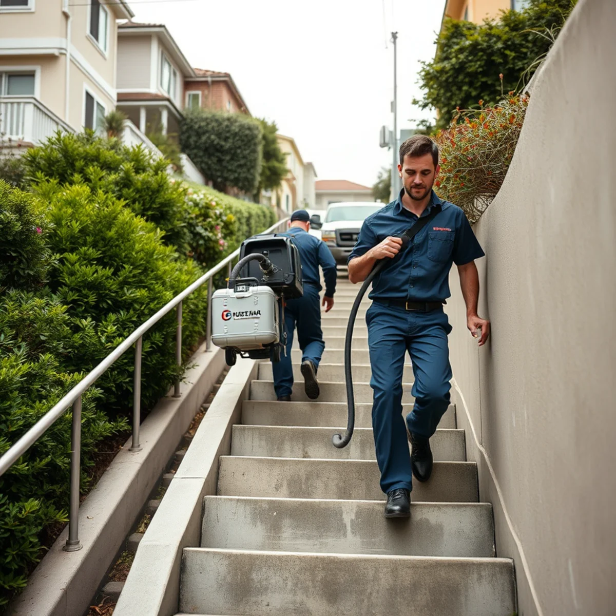 Technicians hand-carrying drying equipment up public stairs on Panoramic Hill, Berkeley