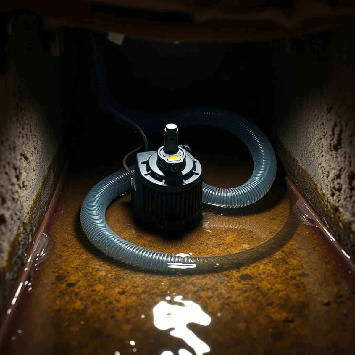 Submersible pump clearing standing water from a flooded crawl space near San Pablo Park