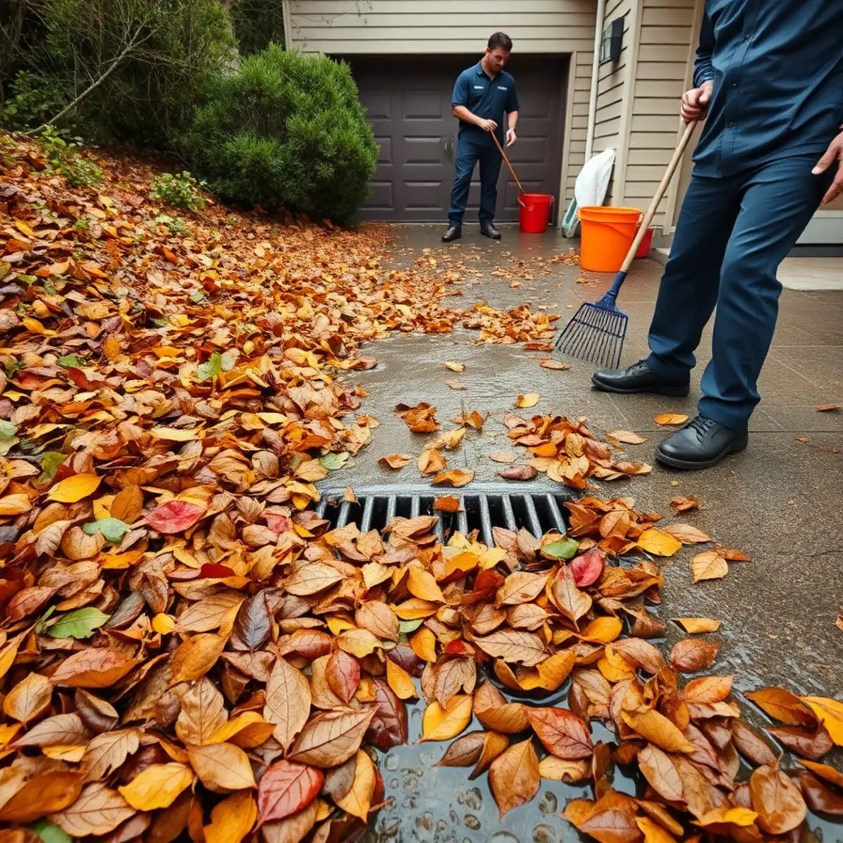 Autumn leaf litter blocking an area drain on a Southampton hillside property in Berkeley