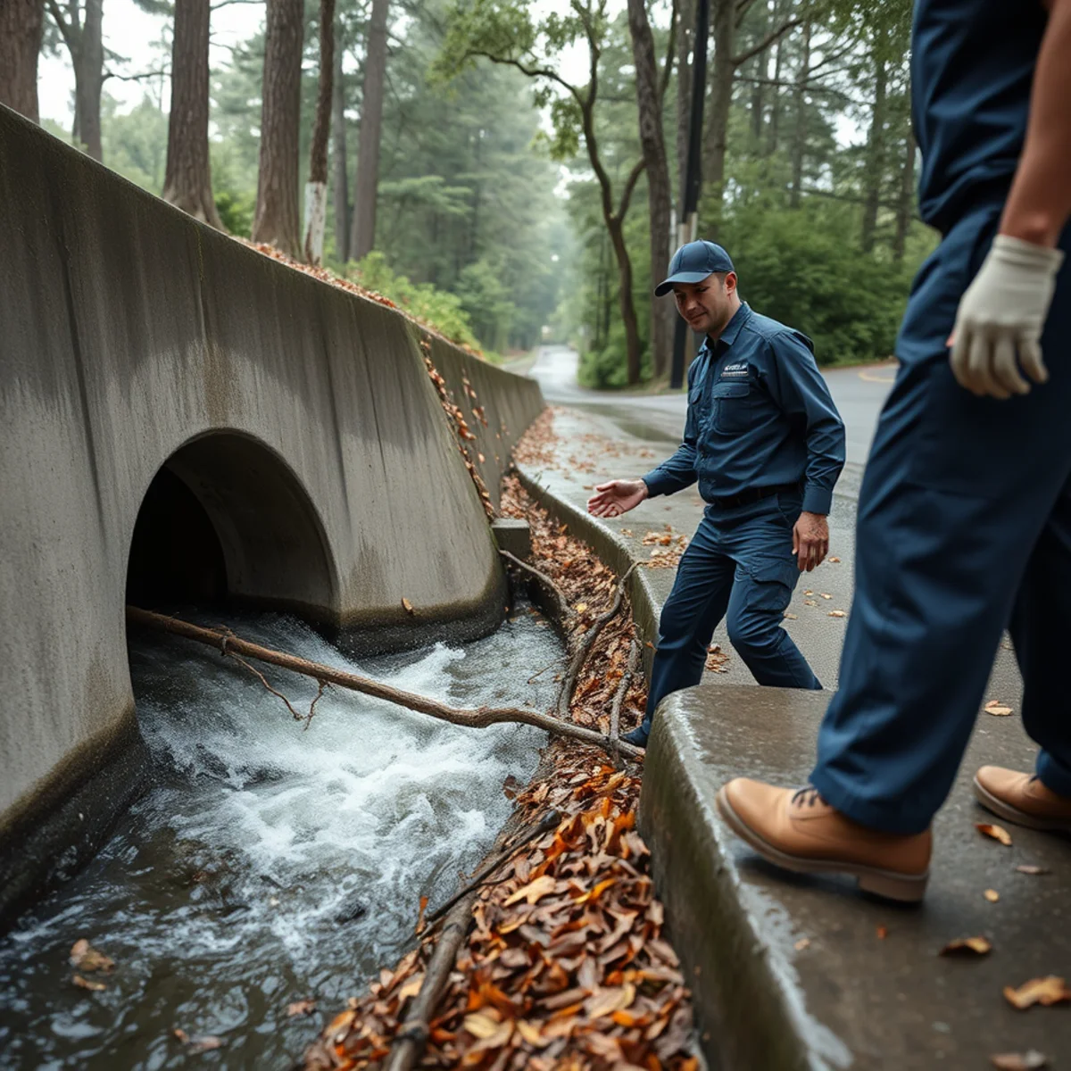 Culverted creek running at capacity through The Uplands in Berkeley during a storm