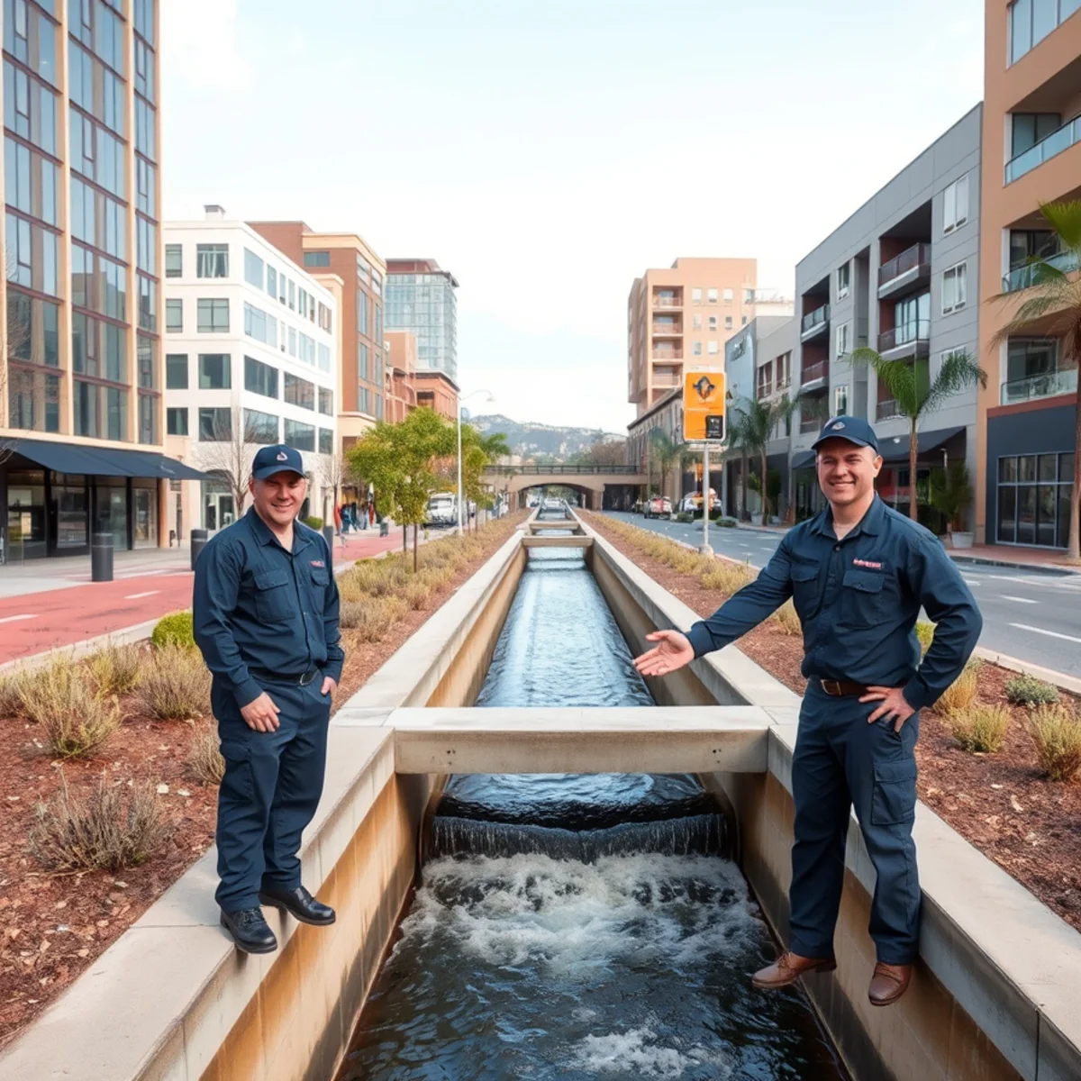 Downtown Walnut Creek buildings beside the concrete flood control channel