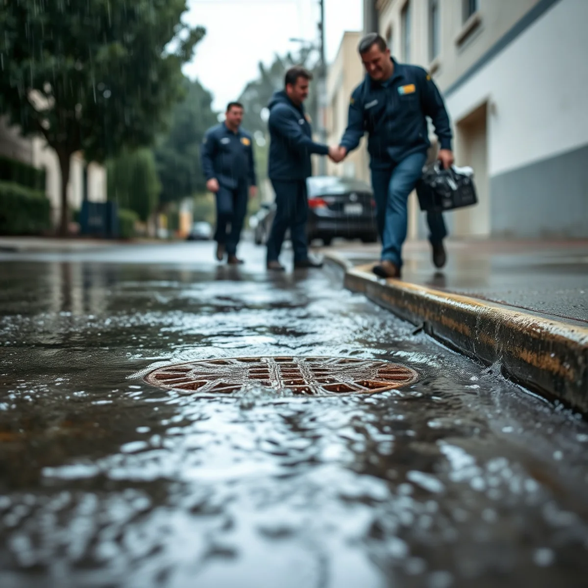 Storm drain backing up at street level in the West Berkeley flats during heavy rain