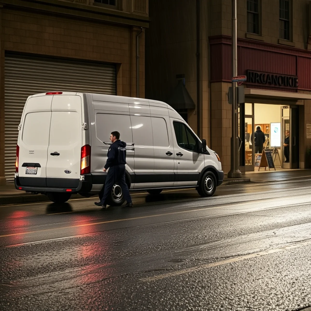 Water Damage Berkeley van pulling out of the Center Street shop on a night call