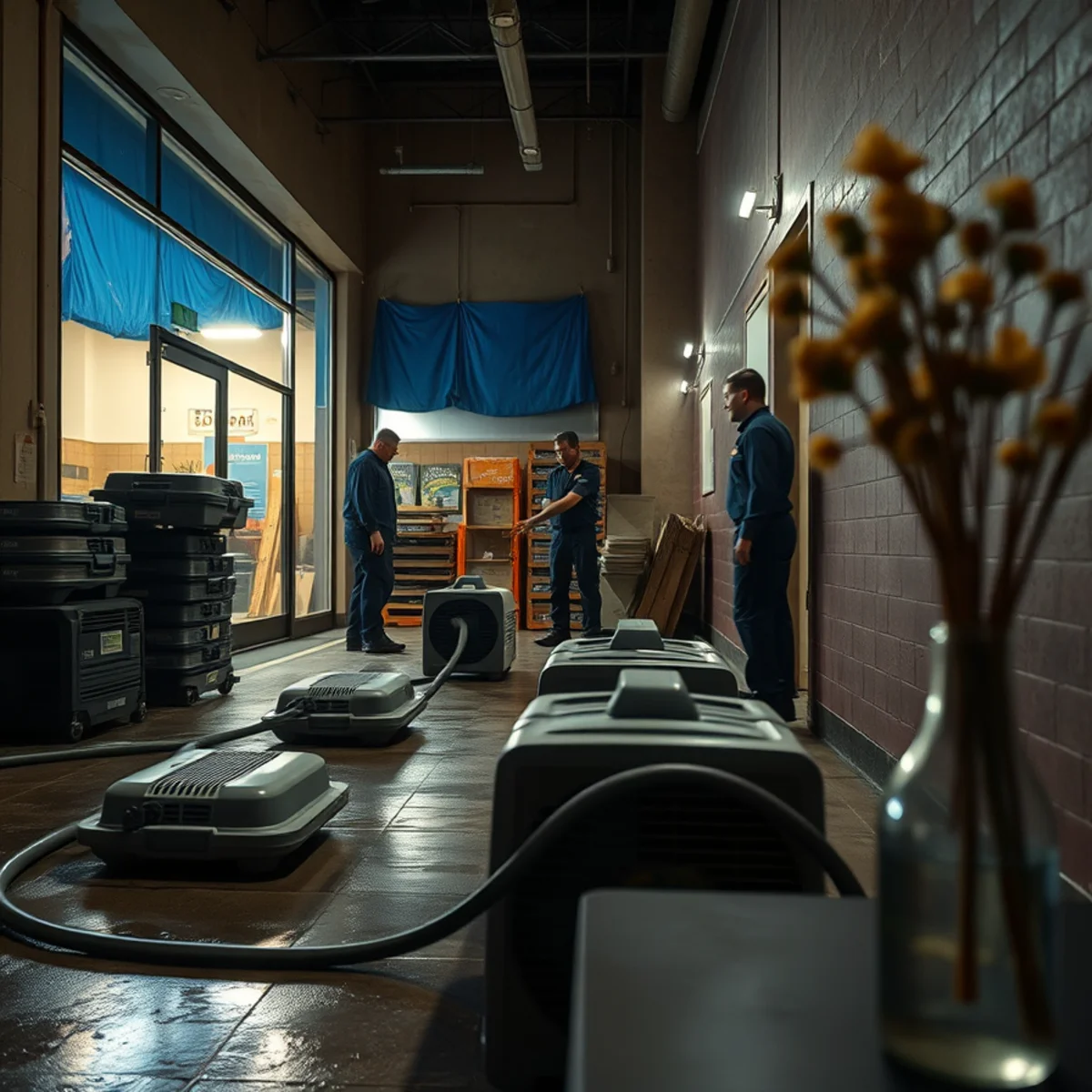Restoration crew working in a closed Berkeley commercial space after a storm loss
