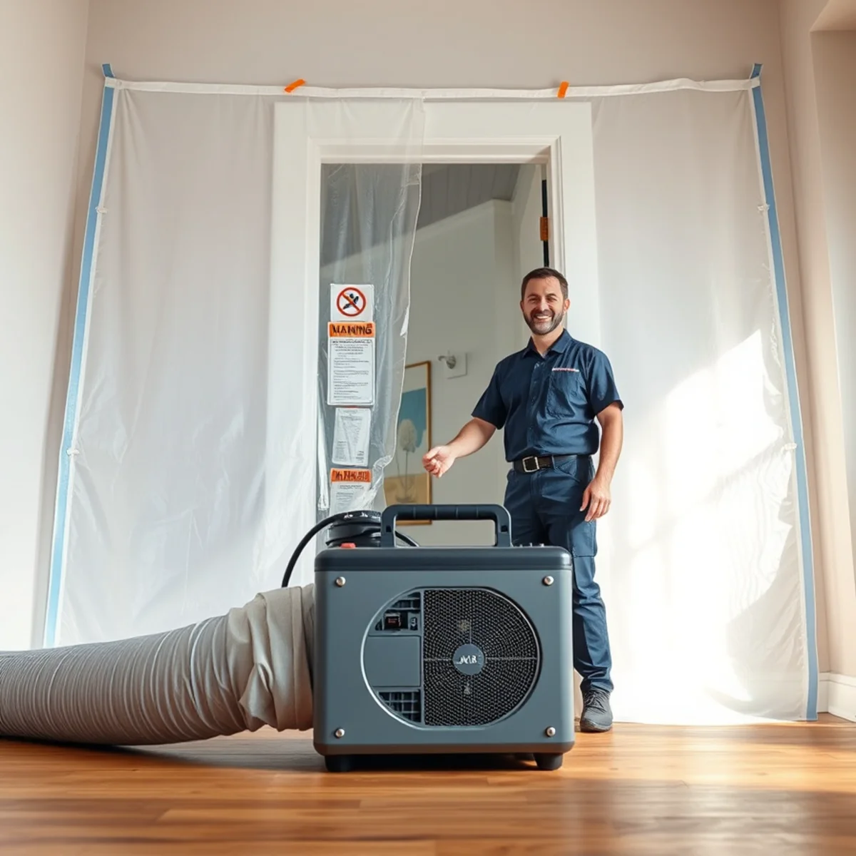 Sealed containment barrier and negative air machine set up for sewage cleanup in Berkeley