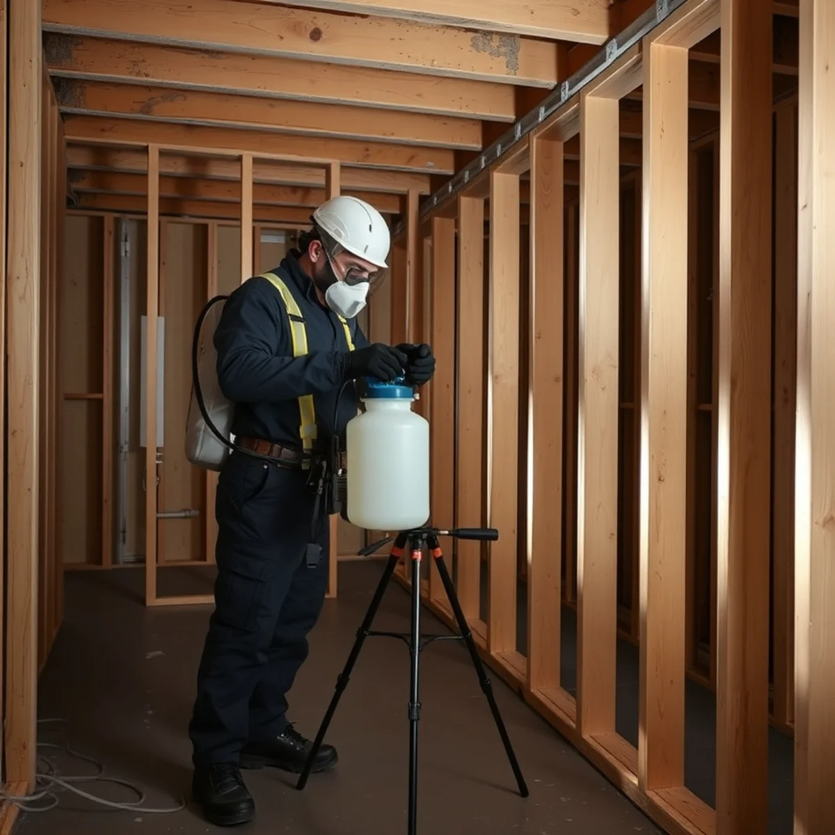 Technician applying EPA-registered disinfectant to framing after a Berkeley sewage backup