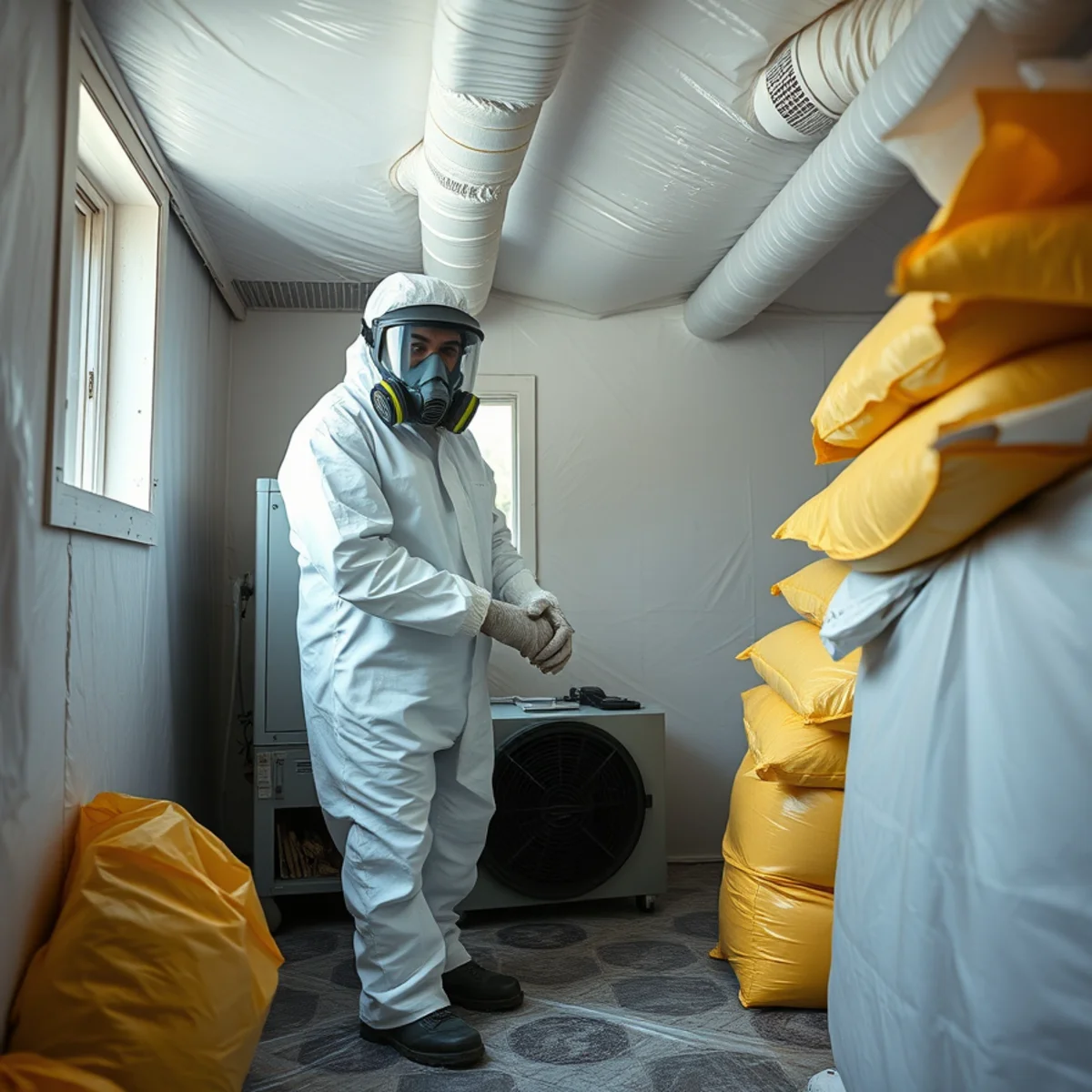 Technician in full protective equipment performing sewage backup cleanup in a Berkeley basement