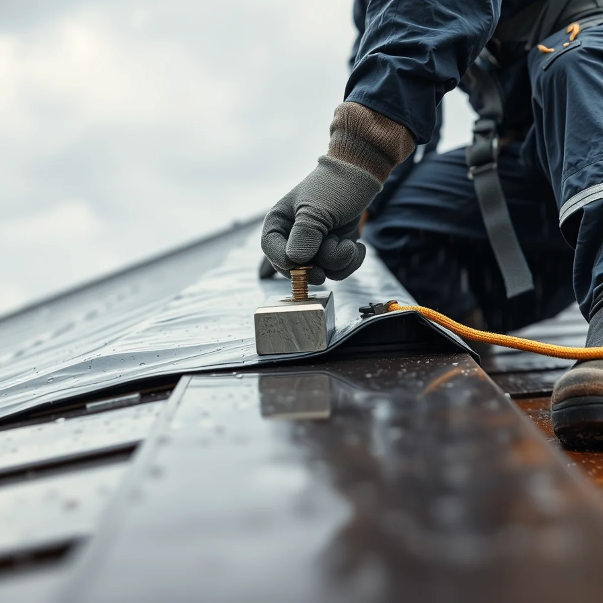Crew fastening an emergency roof tarp during heavy rain on a Berkeley home