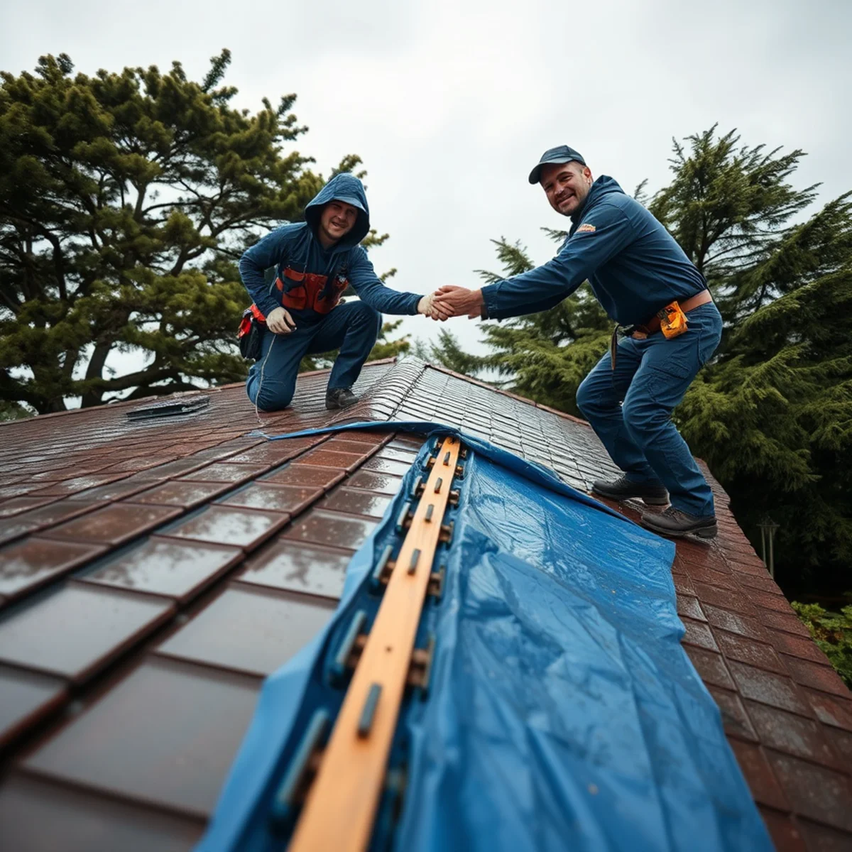 Emergency roof tarping on a Berkeley home after an atmospheric river storm caused water intrusion