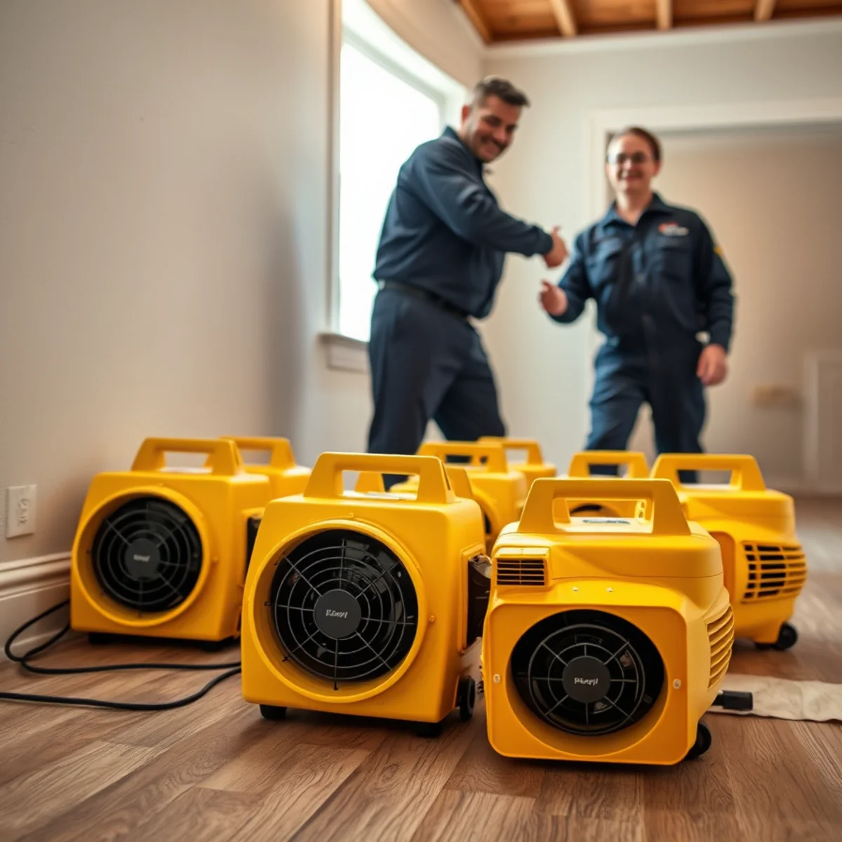 Row of air movers positioned along a wall to dry a Berkeley home after water damage