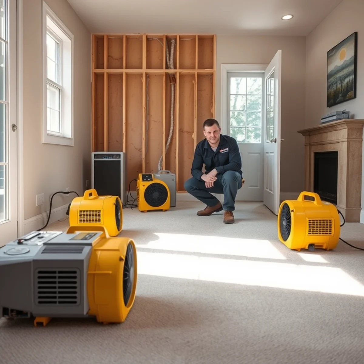 Air movers and a commercial dehumidifier drying a water damaged Berkeley living room floor