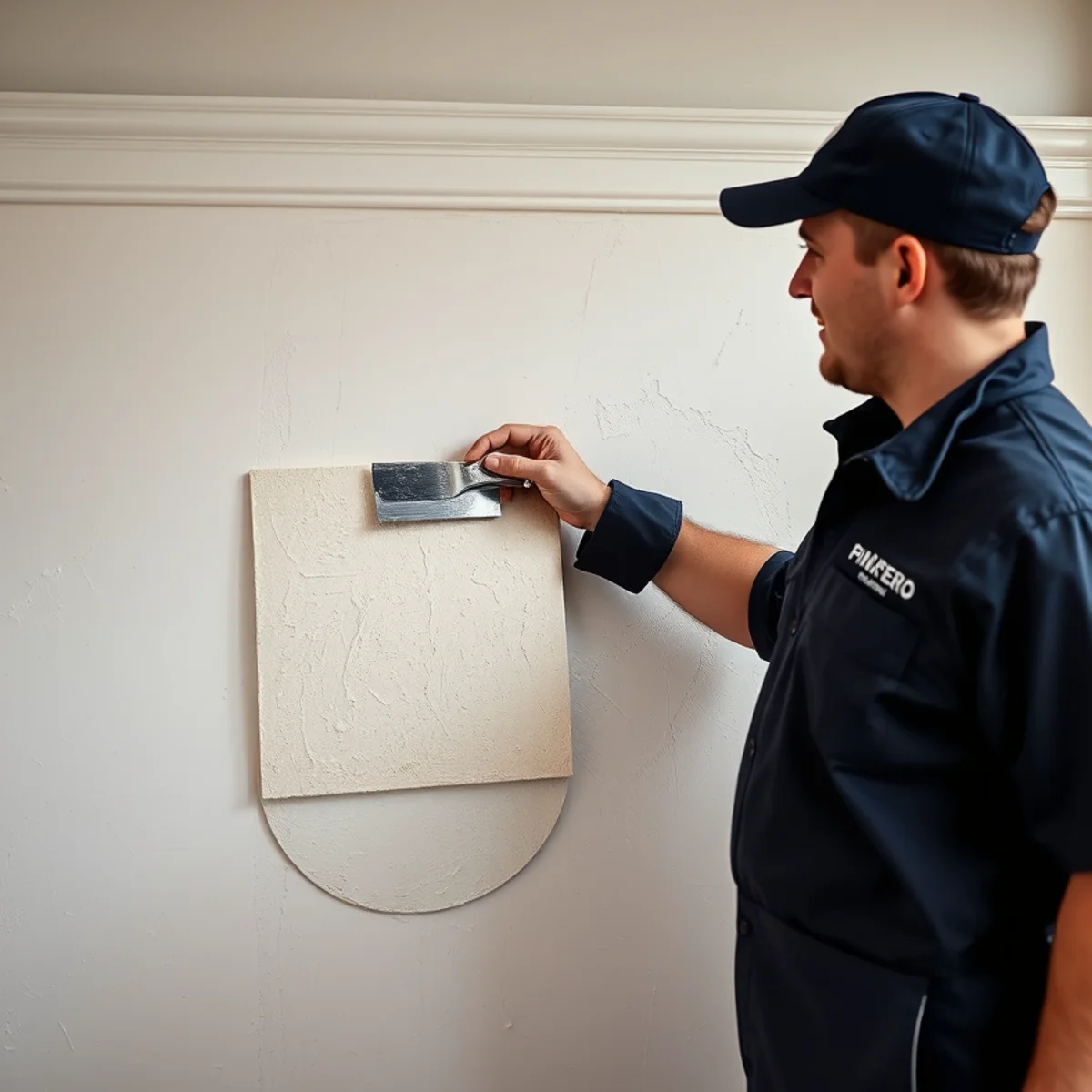 Plasterer hand-matching wall texture on a sample board in a Berkeley home
