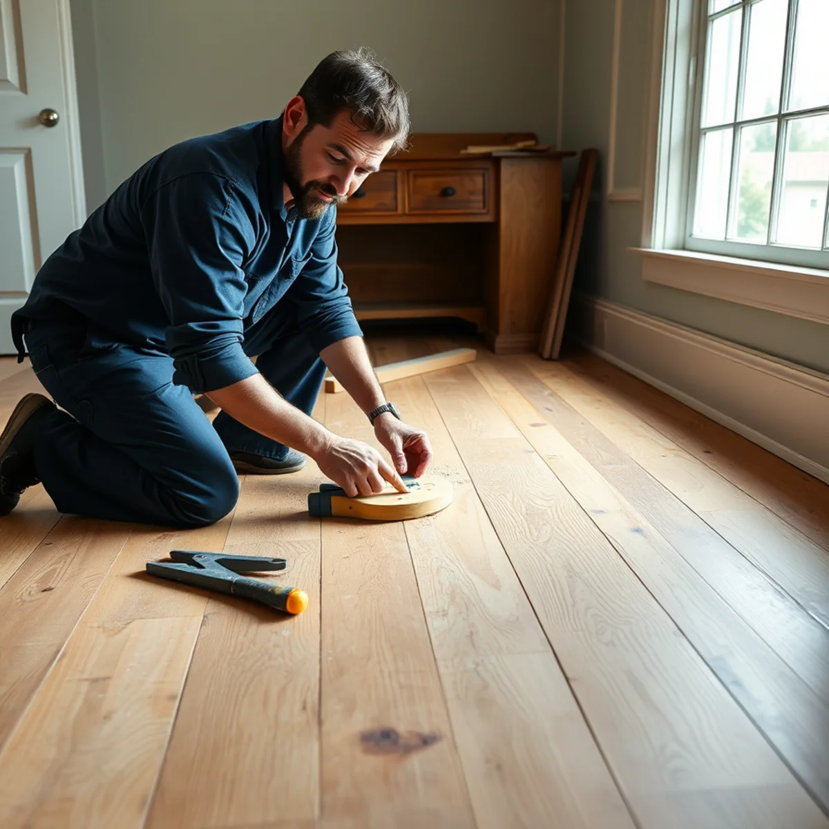 Carpenter repairing water damaged hardwood flooring and baseboard in a Berkeley home