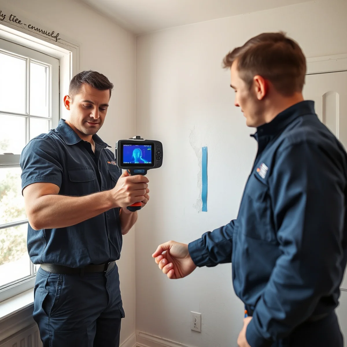 Lead technician mapping hidden moisture in a Berkeley wall with a thermal imaging camera