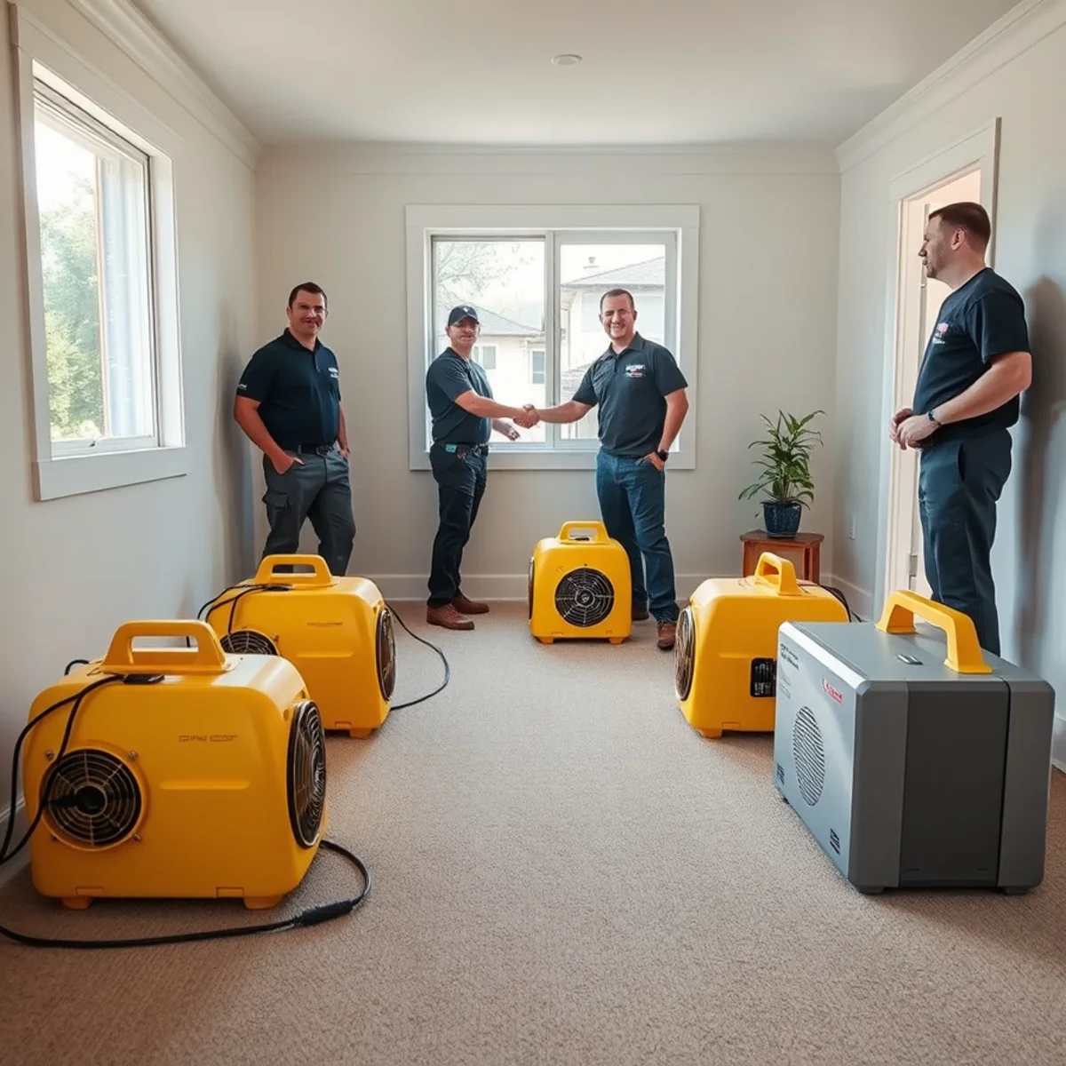 Air movers and a commercial dehumidifier running in a water damaged Berkeley room