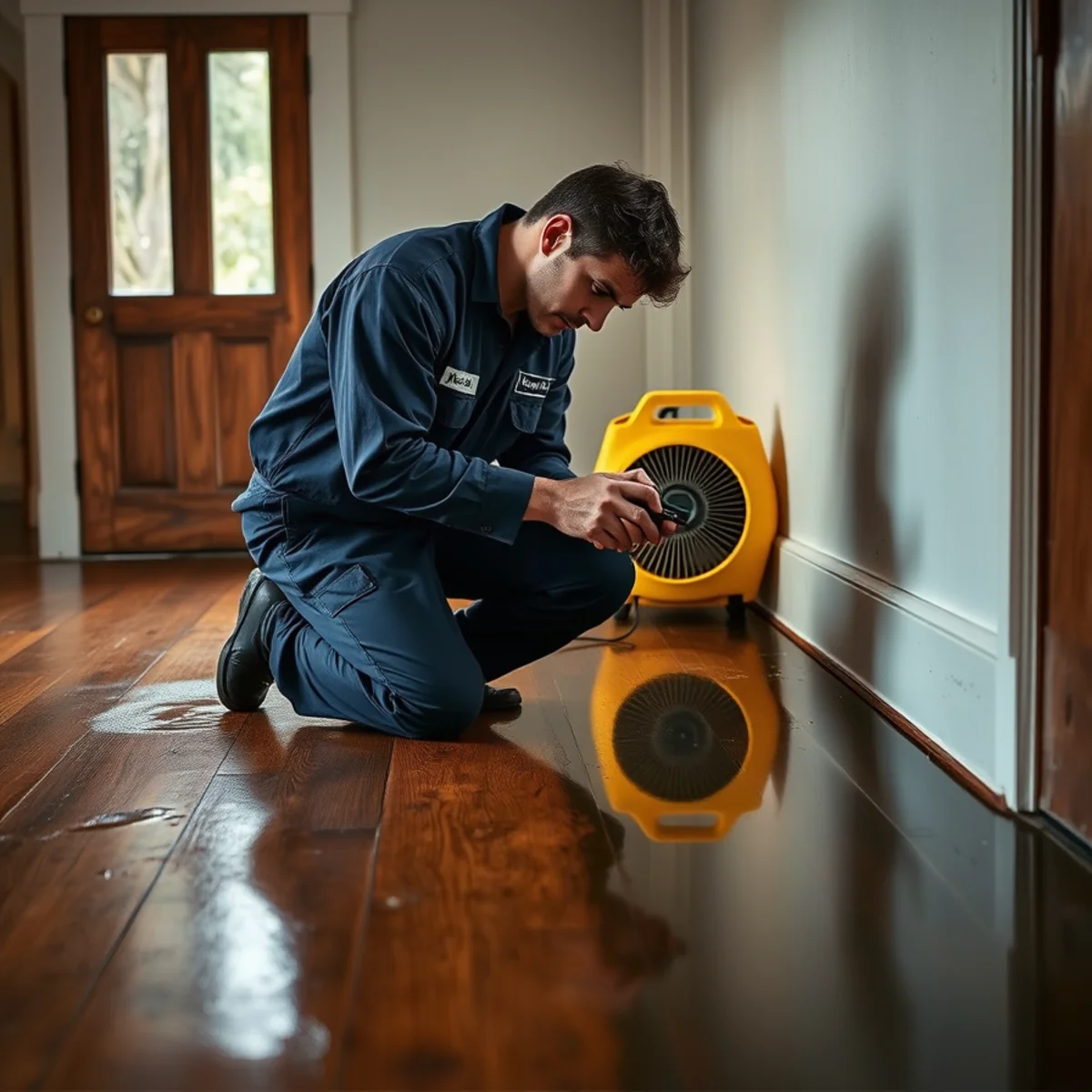 IICRC-certified technician documenting water damage in a Berkeley, CA living room with a moisture meter
