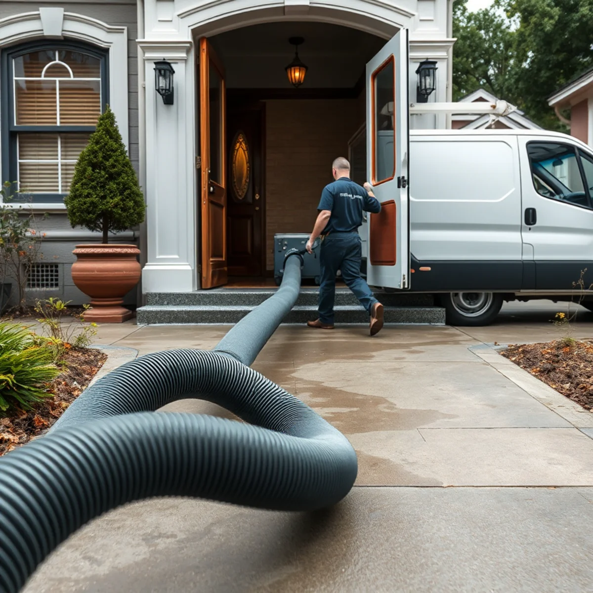 Truck-mounted extraction hose running from a Berkeley home to the service van at the curb