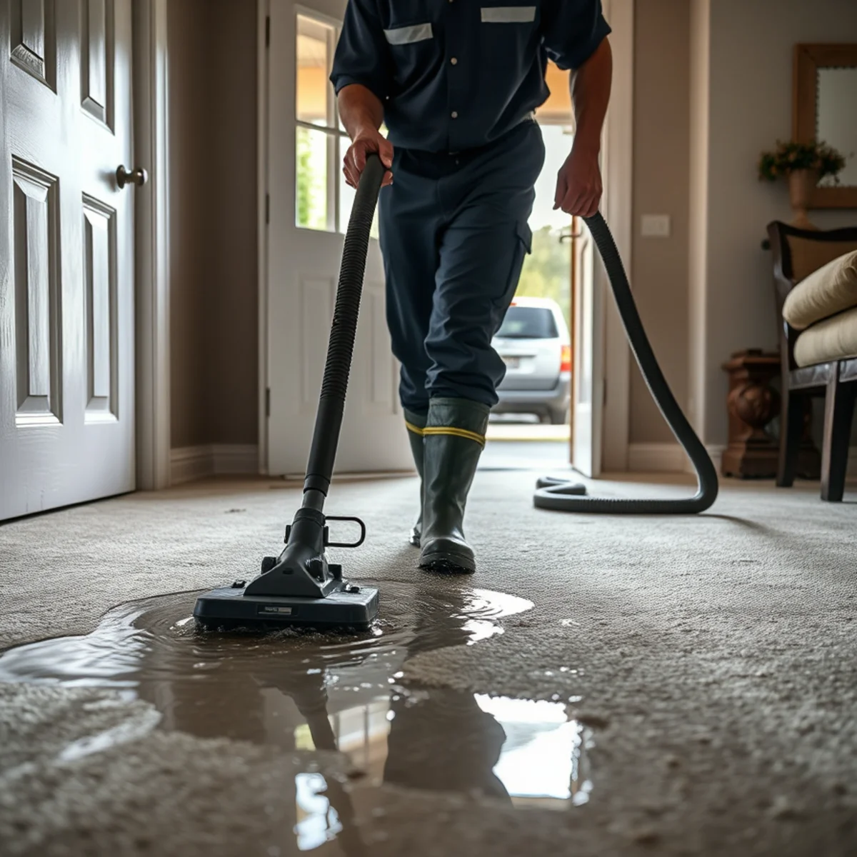 Restoration technician extracting standing water from a flooded Berkeley home with a truck-mounted extraction wand